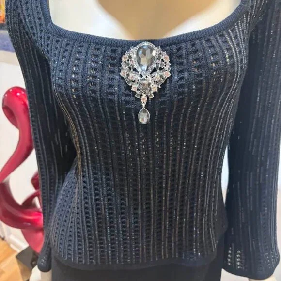 St John evening set skirt suit embellished paillettes sequined Large 12 crochet - Picture 2 of 5